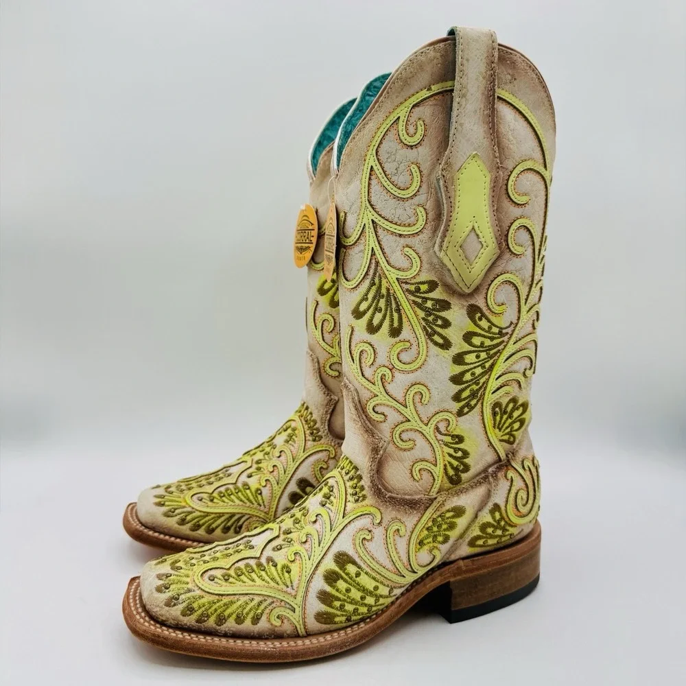 Corral Studded Boots Women's Size 6 M White Floral Green Leather Square Toe
